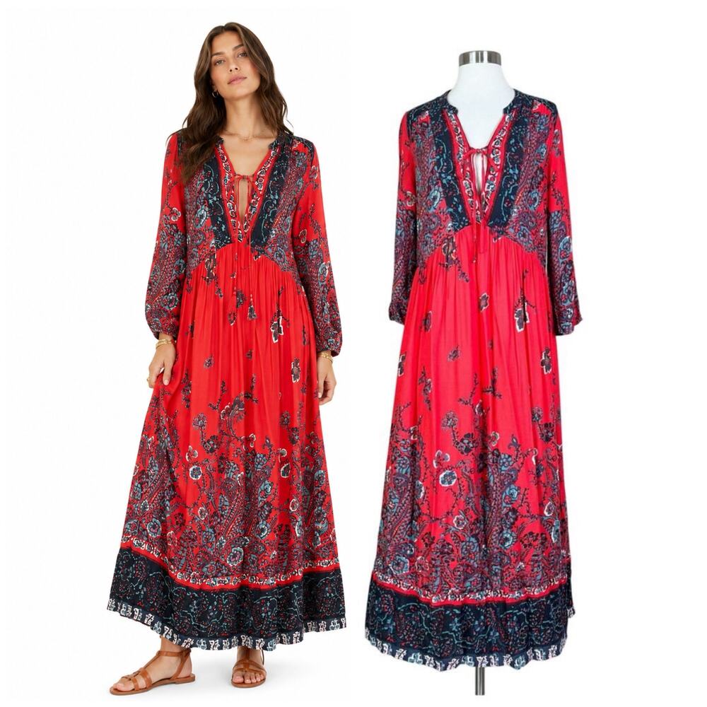 Free People | If Only You Knew Red Floral Slit Flowy Boho Maxi Dress EUC XS